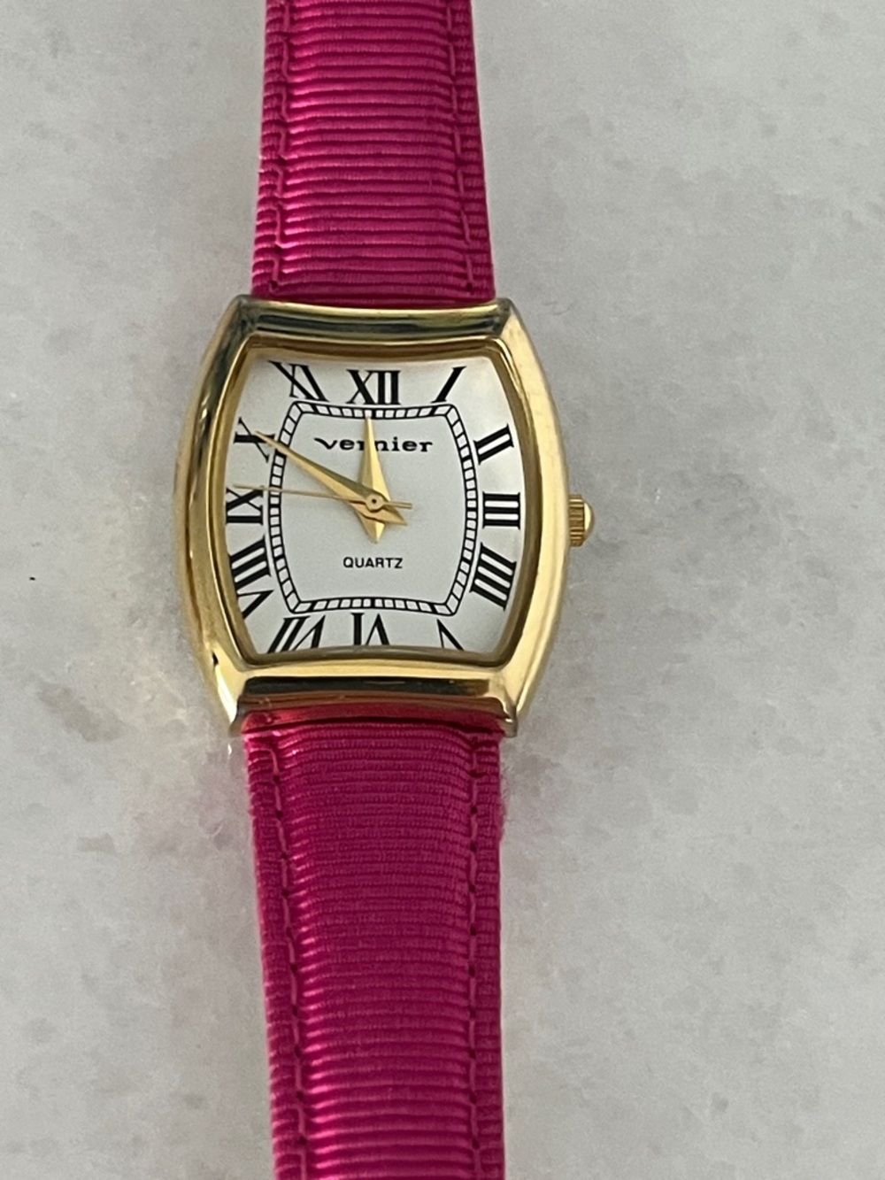 Vernier Gold-Tone Women’s Watch with Fuchsia Pink Grosgrain Strap